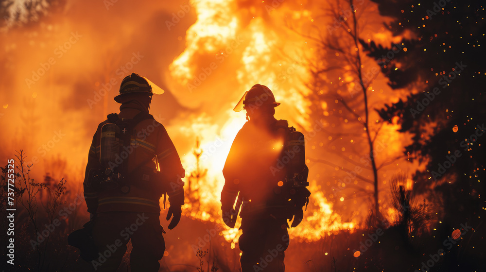 Silhouette of firefighters in front of fire flames in forest. Smoke, flames, sparkles. Generative AI. Silhouette of firefighters in front of fire flames in forest. Smoke, flames, sparkles. Generative AI.