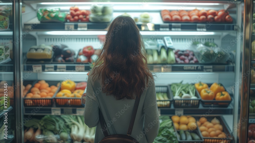Woman is buying vegetables in the supermarket. Generative AI.