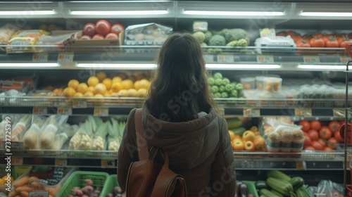 Woman is buying vegetables in the supermarket. Generative AI.