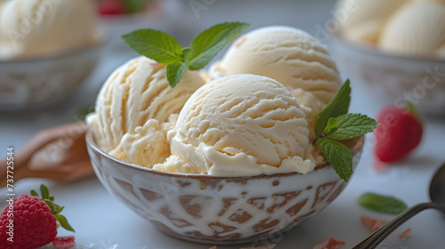 dessert photography Sweet vanilla ice cream, sweet vanilla ice cream dessert in bowl