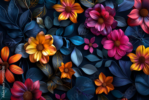 Abstract 3d colorful floral pattern isolated on dark background. Luxury and elegant blossom flower decoration. Generative AI