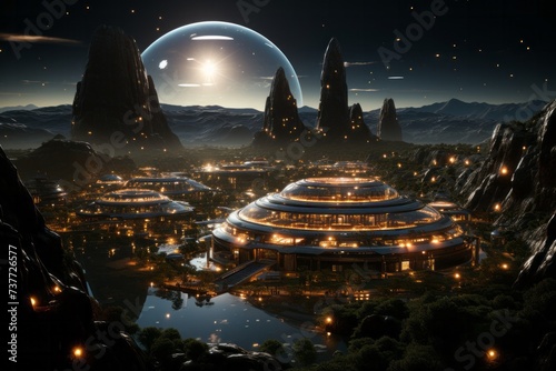 a futuristic city is surrounded by mountains and a lake at night