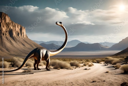 Brontosaurus from the Jurassic period with landscape in the background
