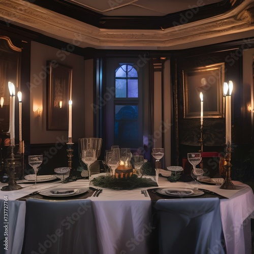 Haunted mansion dinner party, Elegant dinner party in a haunted mansion with ghostly guests and eerie spectacles3