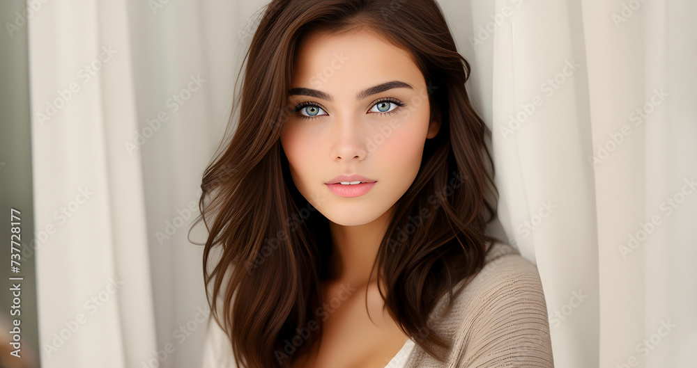 Beautiful brunette girl, closeup face. Beautiful brunette woman, portrait closeup. Face of sensual woman with blue eyes. Beauty face. Model girl with curly hairstyle. Woman face close up.