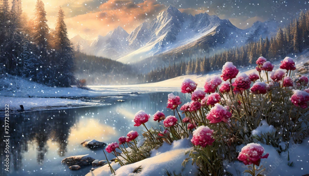 landscape in the mountains,A landscape adorned with both snow and flowers presents a captivating contrast, where the purity of snow blankets the ground while vibrant flowers emerge to add bursts of co - obrazy, fototapety, plakaty 