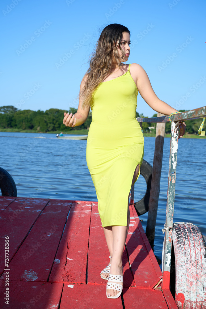 Poster, Print Green Apple dress, latina with blue sky and posing 13, 26.7x40 cm