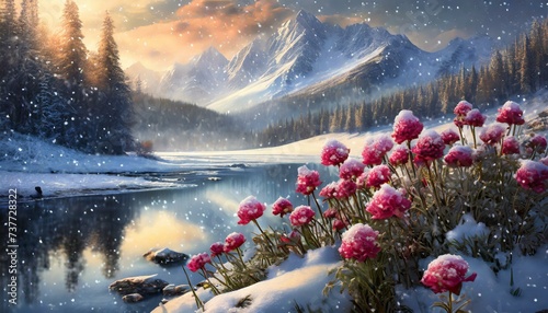 landscape in the mountains,A landscape adorned with both snow and flowers presents a captivating contrast, where the purity of snow blankets the ground while vibrant flowers emerge to add bursts of co