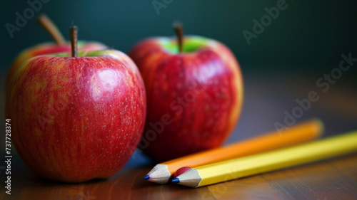 Apple and pencil on table. Concept of education and idea, inspiration. 