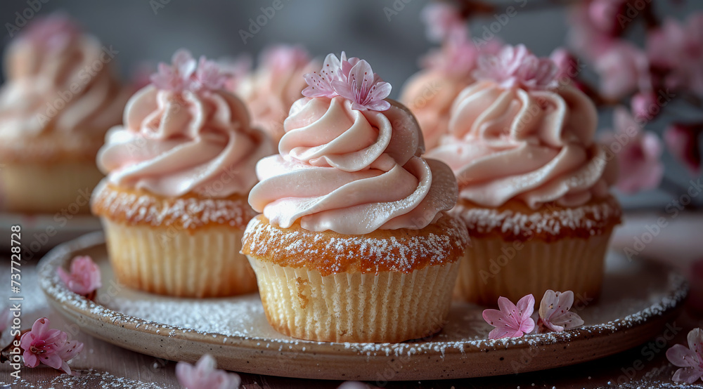 Pink frosted cupcakes decorated with cherry blossoms on a plate, ai generated