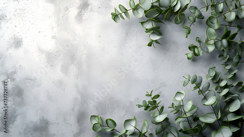 Eucalyptus branches on pastel gray background with copy space top view, ideal for wellness and spa-related themes.