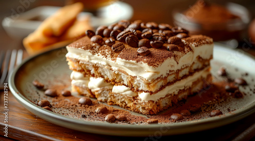 Layered tiramisu dessert sprinkled with cocoa and coffee beans, ai generated