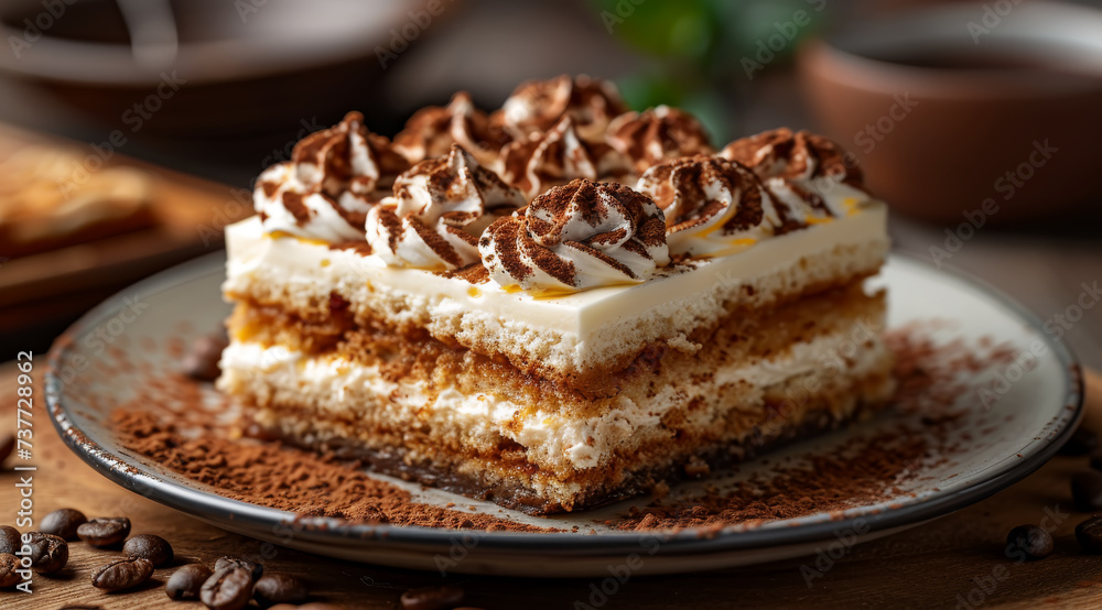Layered tiramisu creamy cake sprinkled with cocoa on a plate against a wooden backdrop, ai generated - obrazy, fototapety, plakaty 