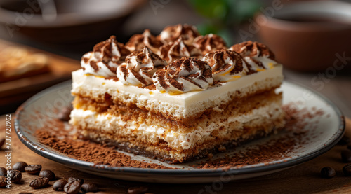 Layered tiramisu creamy cake sprinkled with cocoa on a plate against a wooden backdrop, ai generated