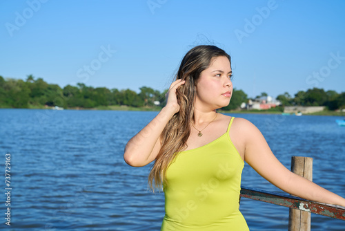 Green Apple dress, latina with blue sky and posing 04