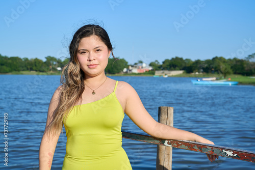 Green Apple dress, latina with blue sky and posing 03