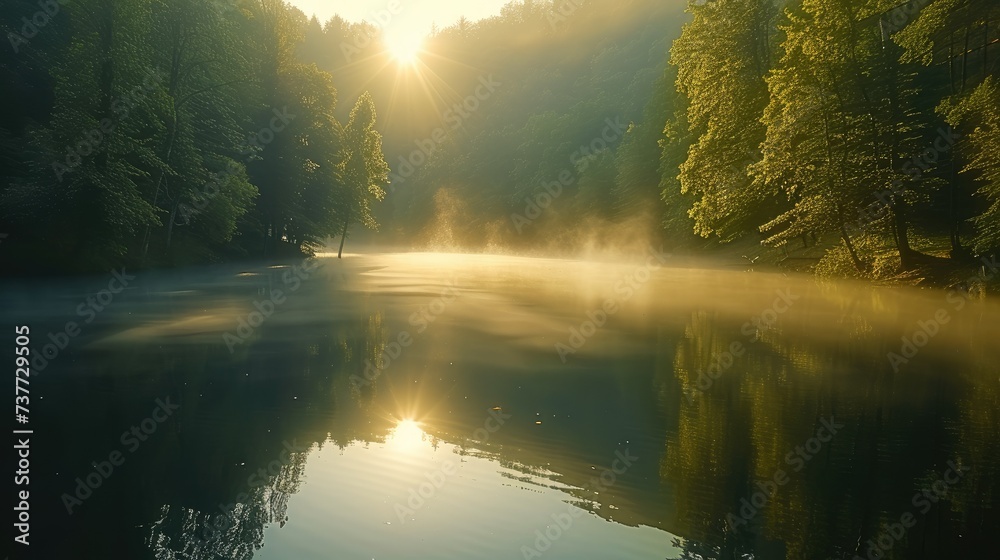 A lake surrounded by forest, the sun is rising in the early morning, the fog from the lake is slowly disappearing. Generative AI.