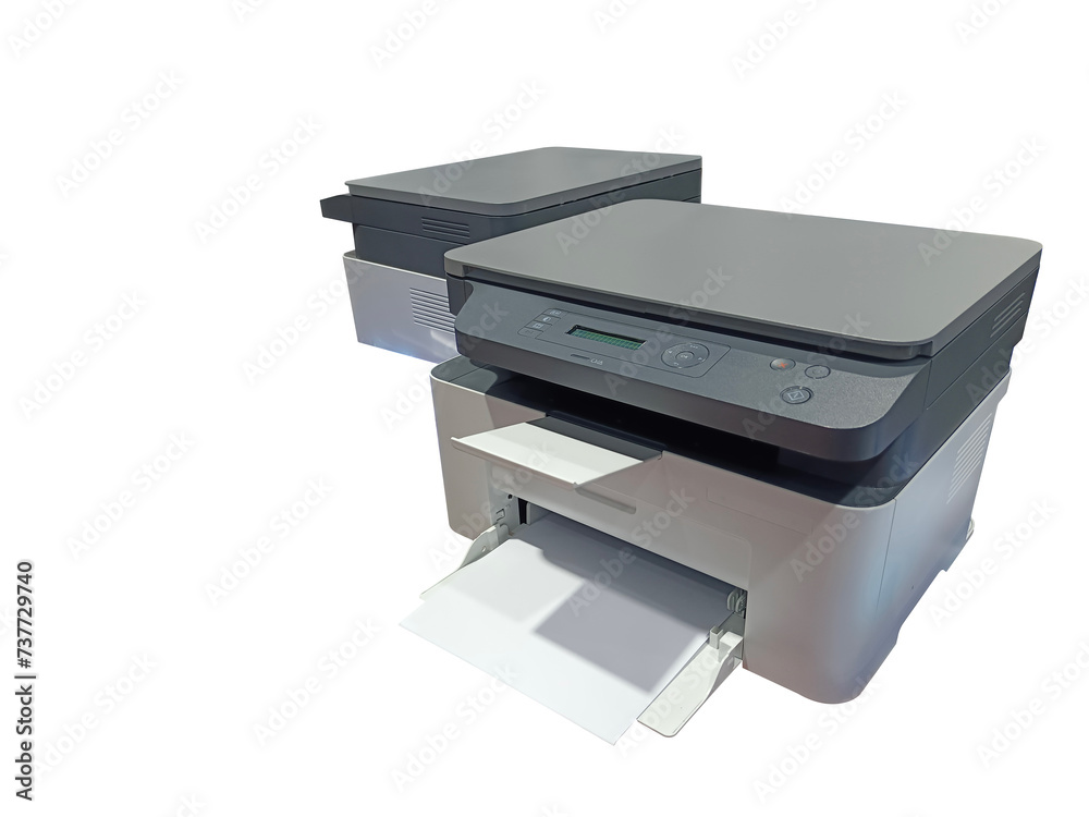two grey and white printers on white background, technology, object, comfortable, work, copy space.jpg two grey and white printers on white background, technology, object, comfortable, work, copy space.jpg