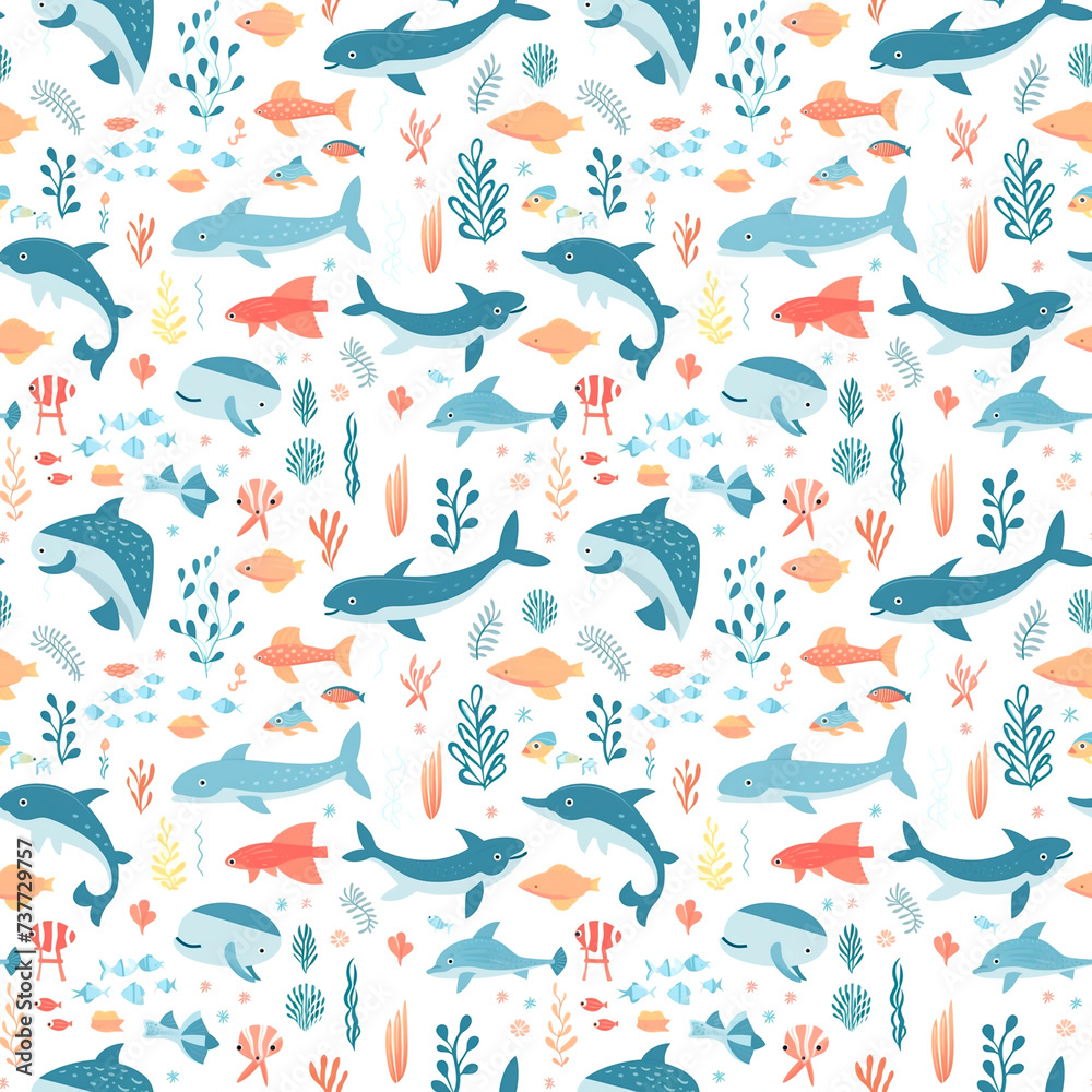 Cute summer print with baby fish, shark, dolphin, swimming underwater with coral reef. Seamless vector pattern sea animals, seashells, plants drawn in doodle style for kids clothing, wrapping paper Cute summer print with baby fish, shark, dolphin, swimming underwater with coral reef. Seamless vector pattern sea animals, seashells, plants drawn in doodle style for kids clothing, wrapping paper