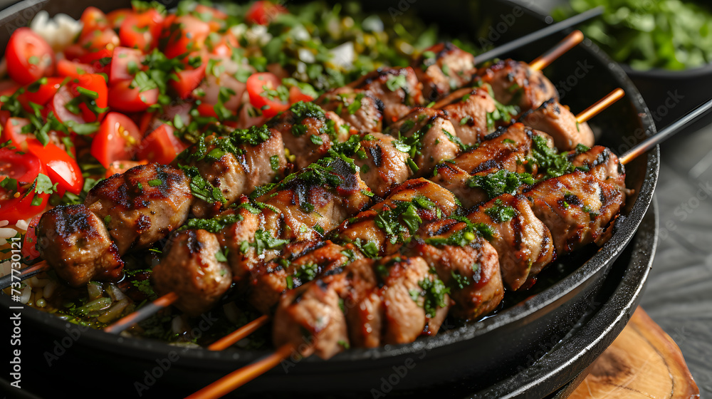 row of Shish Taouk on a frying pan, food photography