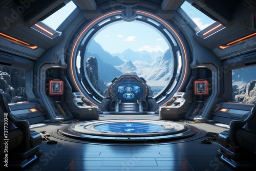 a futuristic room with a large window and mountains in the background
