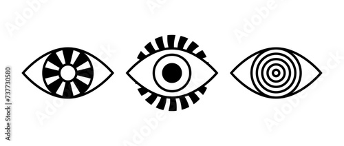 Eyes sign set. Vision outline symbols collection. Hypnosis eyeball concepts pack. Watching or observing elements for poster, banner, brochure, leaflet, booklet. Vector illustration bundle 