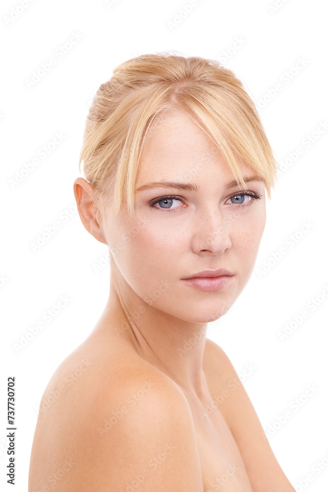 Skincare, confident and portrait of woman in studio with natural, health and wellness face routine. Cosmetic, beauty and young female person with facial dermatology treatment by white background. Skincare, confident and portrait of woman in studio with natural, health and wellness face routine. Cosmetic, beauty and young female person with facial dermatology treatment by white background.