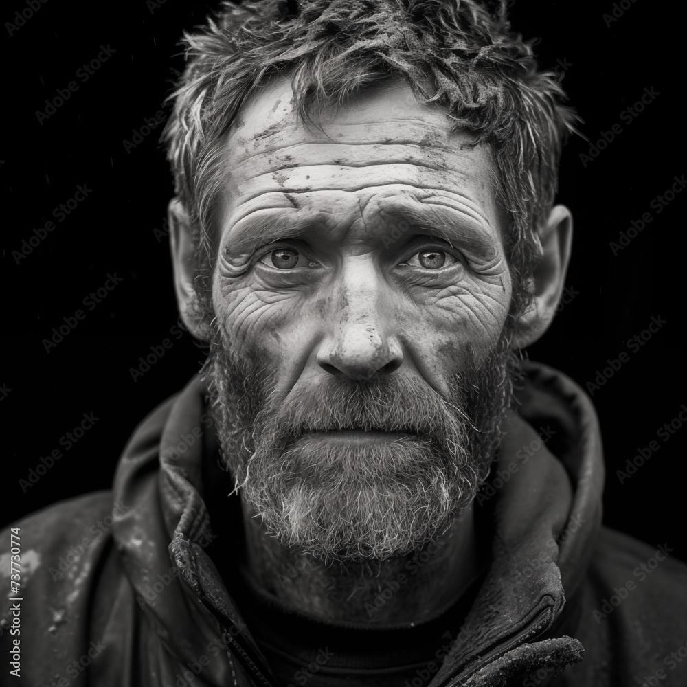 Portrait of a senior British coal miner, aged and dirty, honest hardworking man. 