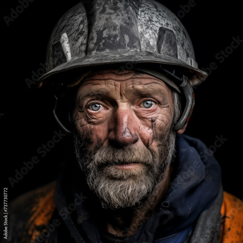 Portrait of a senior British coal miner, aged and dirty, honest hardworking man. 