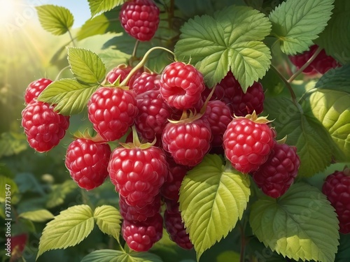  a bunch of ripe red raspberries against green leaves, сlose-up 