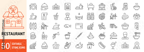 Restaurant editable stroke outline icons set. Food, business, cooking, food delivery, meat, fish, pork, beef, meal, drinks and take away. Vector illustration