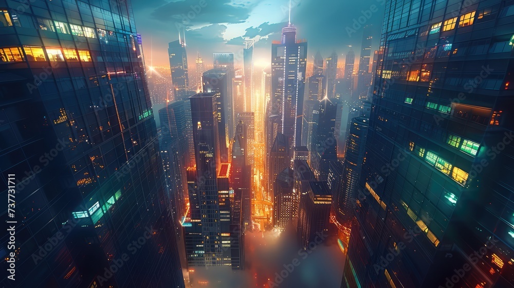 Futuristic metropolis teeming with life and innovation. sleek skyscrapers piercing the sky, illuminated by the neon glow of advanced technology. Generative AI.