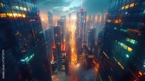 Futuristic metropolis teeming with life and innovation. sleek skyscrapers piercing the sky, illuminated by the neon glow of advanced technology. Generative AI. photo