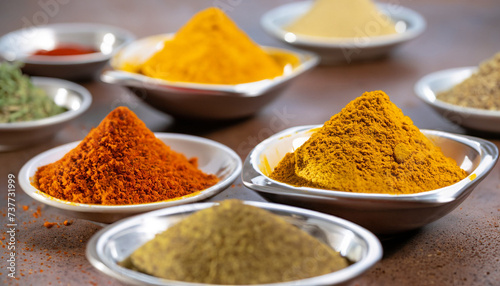 Asian cuisine with a low angle view of bowls of colourful spices with focus to a bowl of turmeric based curry powder