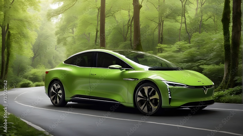car in the forest, As the EV carves its way through the winding road, the verdant forest envelops it in a sea of vibrant green, creating a stunning contrast against its sleek, modern design.