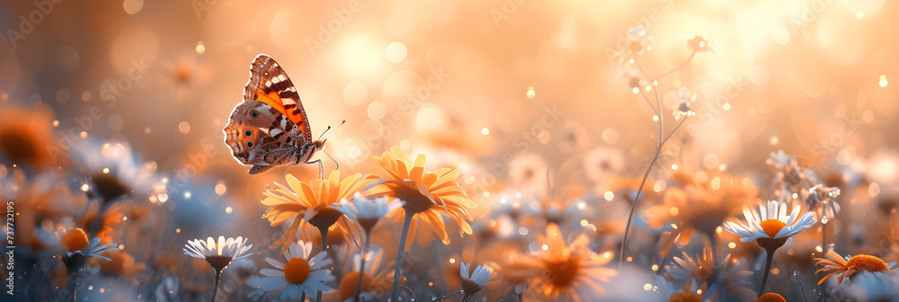 Beautiful wild flowers chamomile with butterfly on sunny spring meadow. Delightful pastoral scene in a wide format landscape. - obrazy, fototapety, plakaty 
