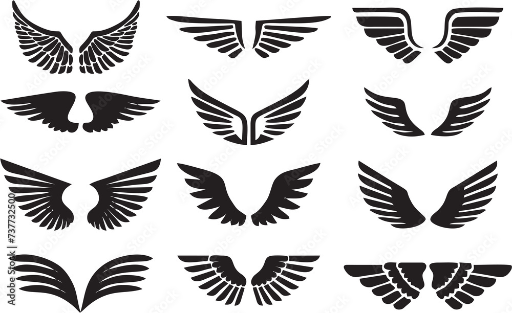 Wings in pair. Elements for design, Set of black wings. Collection of wings badges. High HD resolution. Easy to use in designing poster, banner or flyer.