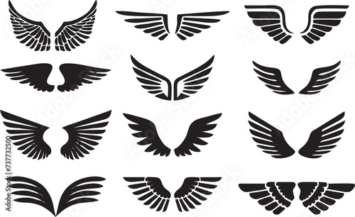 Wings in pair. Elements for design  Set of black wings. Collection of wings badges. High HD resolution. Easy to use in designing poster  banner or flyer.