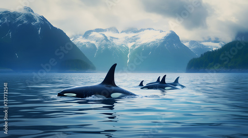 Stunning Display of Orcas in Majestic Fjord Landscape: An Exquisite Exhibition of Nature's Unspoiled Beauty and Wildlife Harmony © Catherine