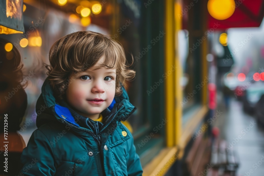 Adorable little kid boy on Christmas market in Paris, France.