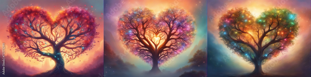 Set of three trees shaped like heart.	
