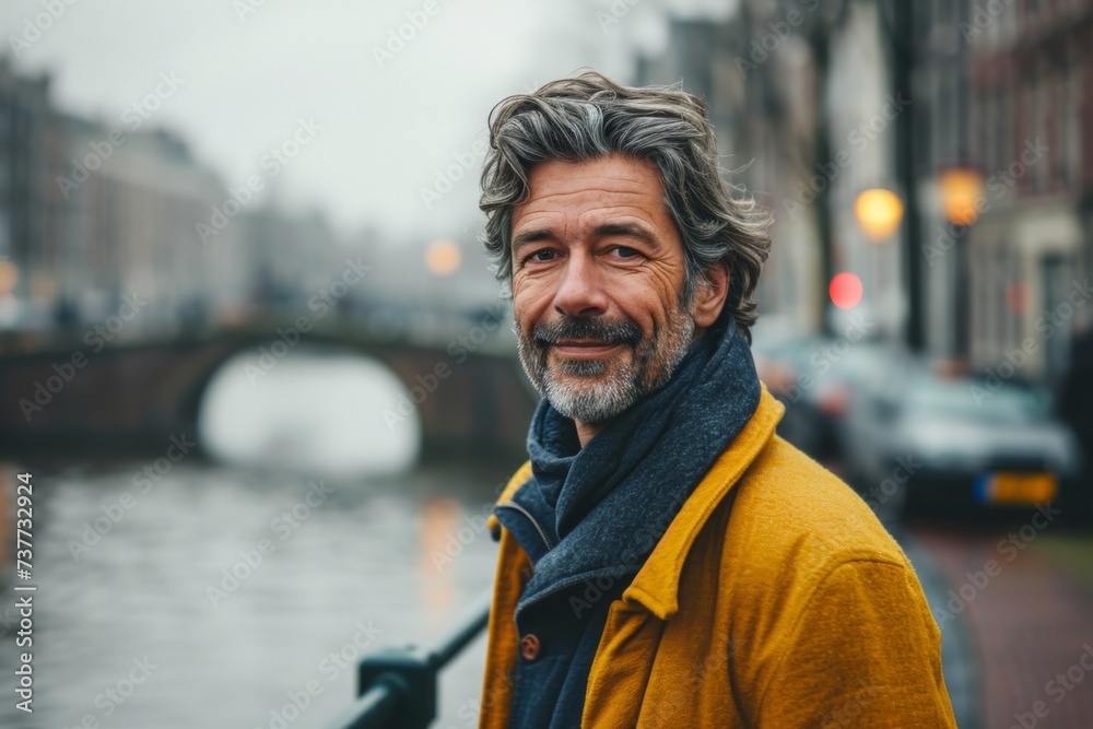 Handsome middle-aged man with gray hair in a yellow coat and blue scarf walking along the canals of Amsterdam Handsome middle-aged man with gray hair in a yellow coat and blue scarf walking along the canals of Amsterdam