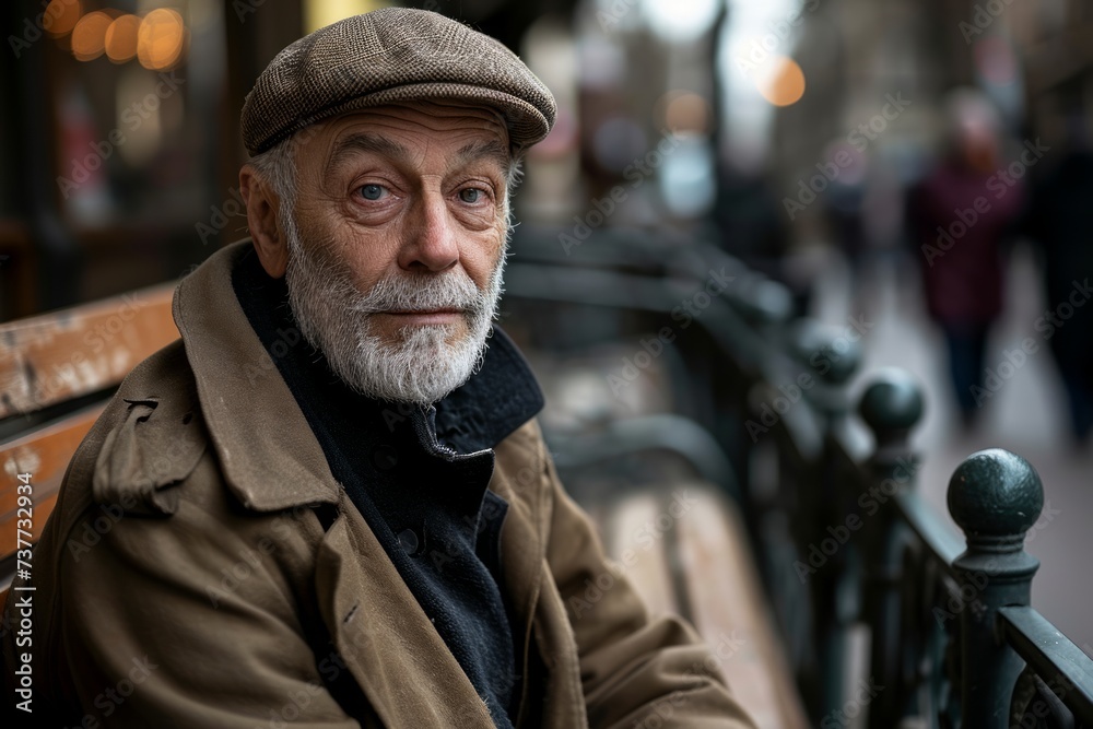 Portrait of an old man sitting on a bench in the city