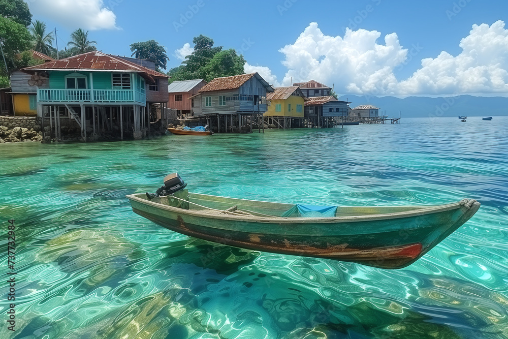 A Summer Escape to Tropical Paradise. Crystal Blue Waters, Sandy Beaches, and Endless Skies Await in This Idyllic Seascape, Perfect for a Relaxing Boat Adventure