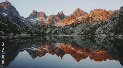 Sunset Glow on Mountain Peaks with Lake Reflection