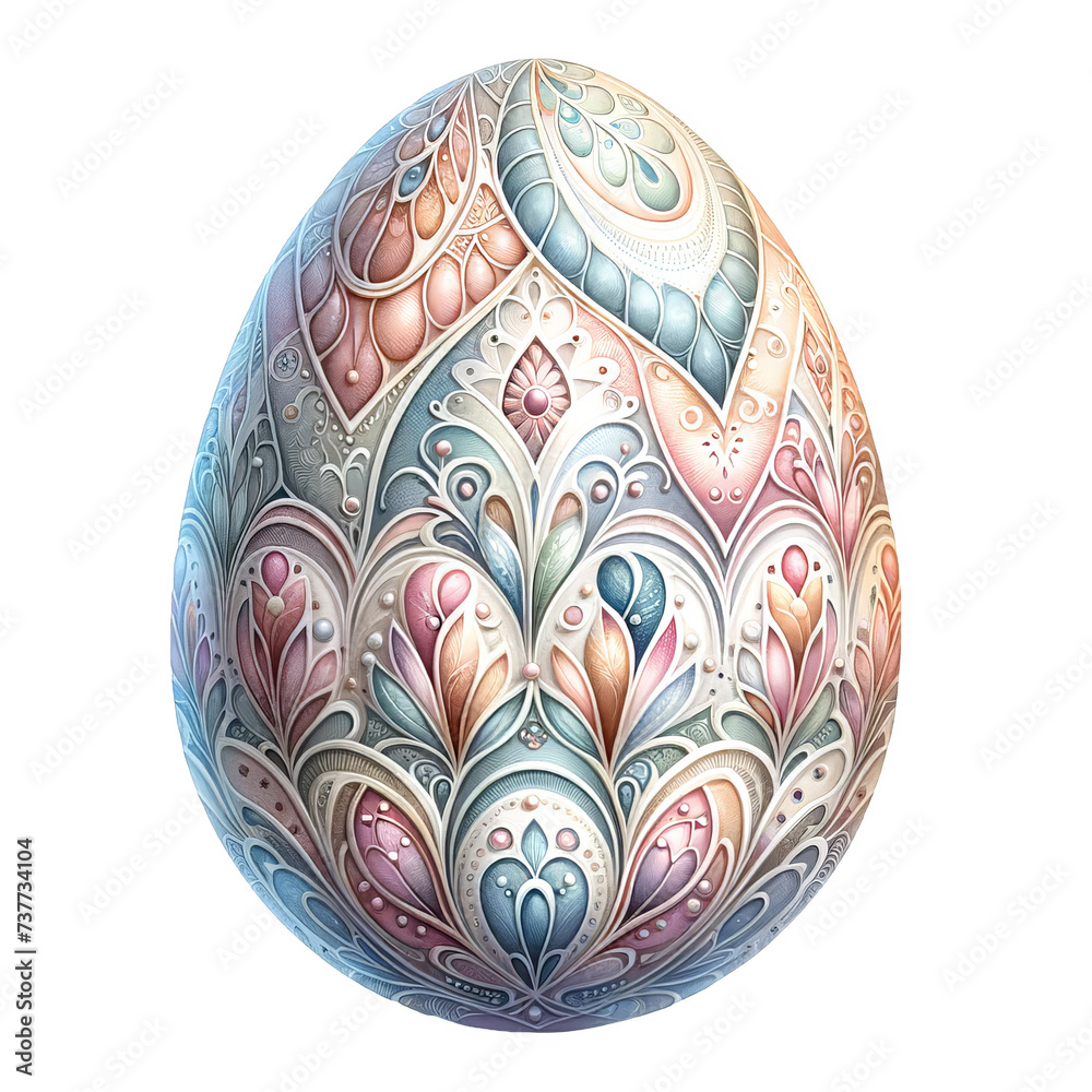 Hand-Painted Easter Egg with Floral Motifs, A single Easter egg with detailed hand-painted floral motifs in a variety of pastel shades Hand-Painted Easter Egg with Floral Motifs, A single Easter egg with detailed hand-painted floral motifs in a variety of pastel shades