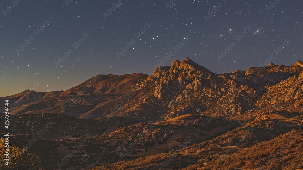 Starry Night Sky Over Illuminated Rocky Mountains