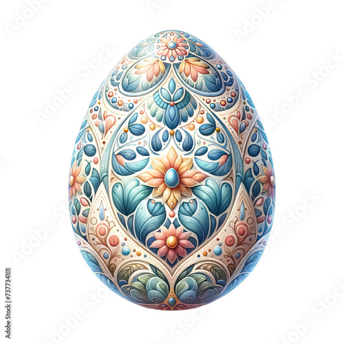 Hand-Painted Easter Egg with Floral Motifs  A single Easter egg with detailed hand-painted floral motifs in a variety of pastel shades