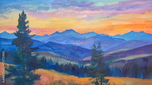 Dawns palette of colors over serene mountains