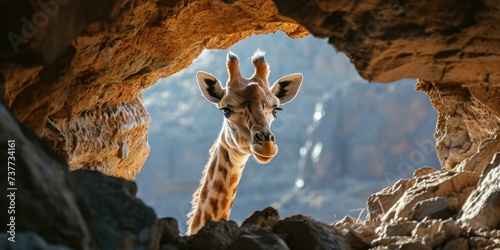 A majestic giraffe peers through a sandstone arch  embracing new heights of exploration. Generative AI.